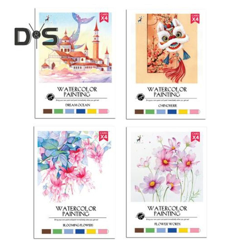 (as the picture, 4pcs) Coloring Book Kids Watercolor Paper Paint Cards Brushes Color Recognition 4 Themes Children Watercolor Painting Kit