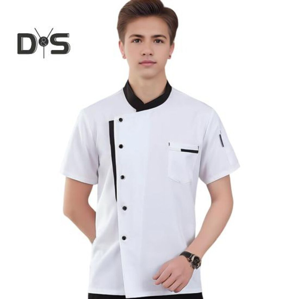 (white, 4XL) Unisex Chef Shirt Soft Breathable Stand Collar Single-breasted Short Sleeves Chest Pockets Restaurant Diner Kitchen Cook Top Bakery Hotel Waiter