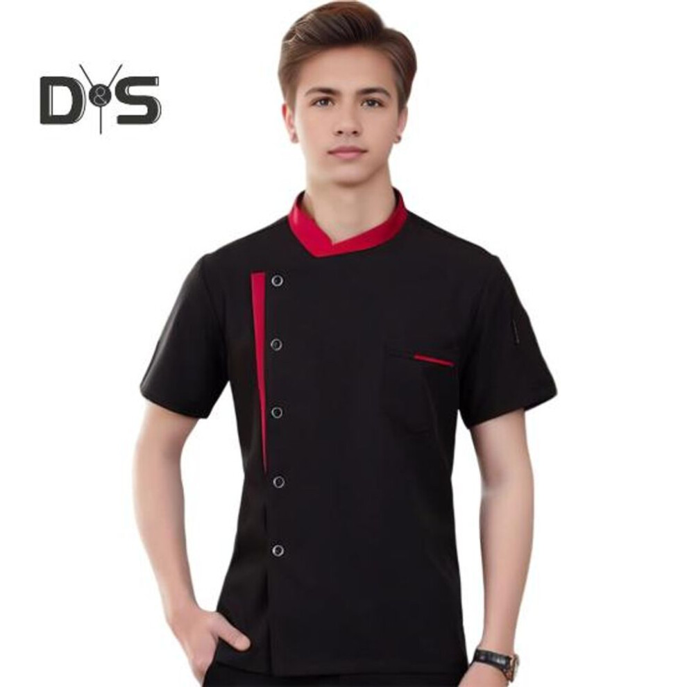 (black, M) Unisex Chef Shirt Soft Breathable Stand Collar Single-breasted Short Sleeves Chest Pockets Restaurant Diner Kitchen Cook Top Bakery Hotel Waiter