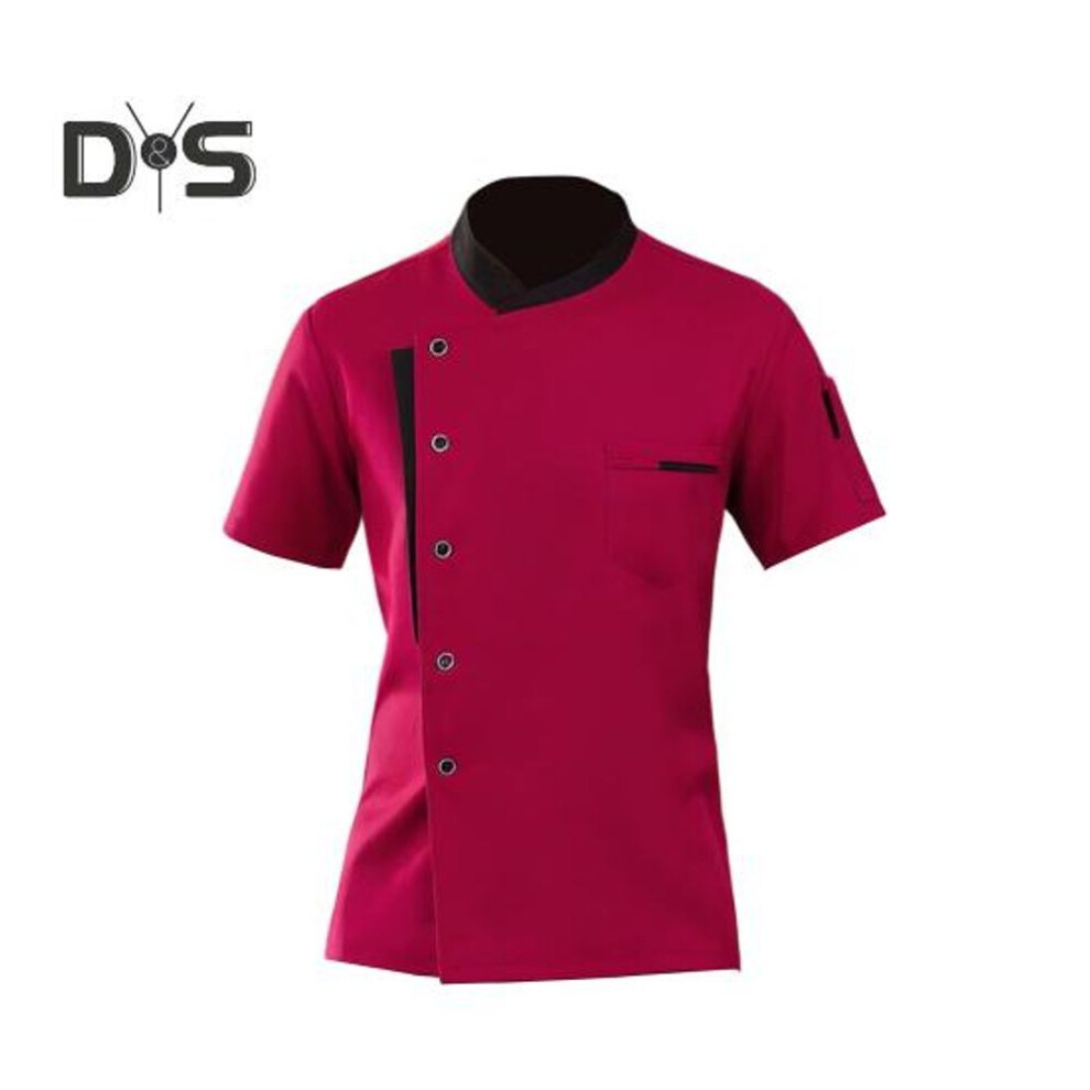 (Red, 4XL) Unisex Chef Shirt Soft Breathable Stand Collar Single-Breasted Short Sleeves Chest Pockets Restaurant Diner Kitchen Cook Top Bakery Hotel W 7374580941101