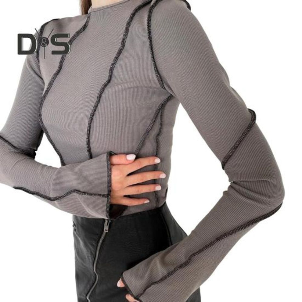 (S, grey) Women T-shirt Round Neck Long Flared Sleeve T-shirt Slim Fit Ribbed Three-dimensional Line Decoration Pullover Tops Daily Wear