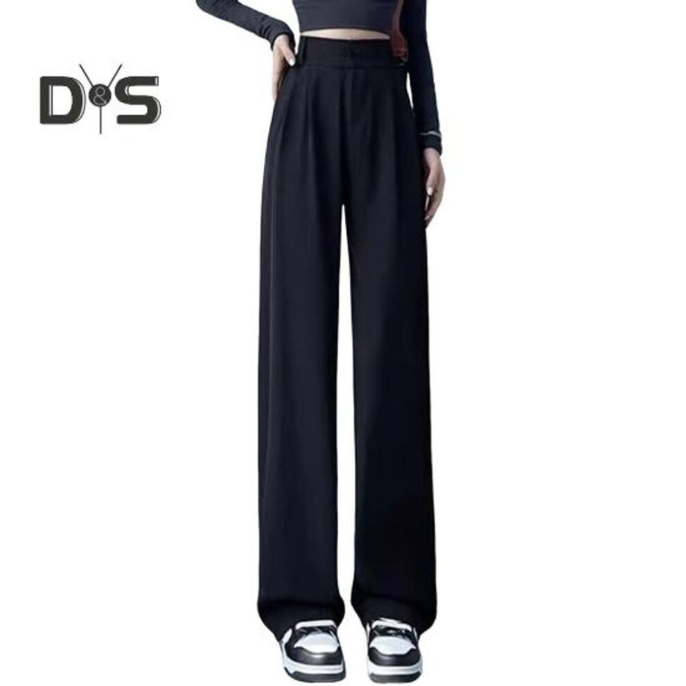 (black, L) Women Pants High Waist Straight Wide Leg Trousers with Pockets Button Zipper Fly Solid Color Loose Fit Suit Pants Work Wear