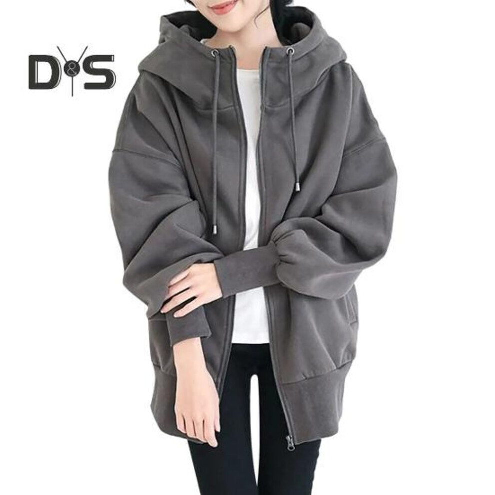 (dark gray, XL) Women Thick Coat For Autumn Winter Warmth Solid Color Mid-length Fleece Jacket With Pockets Loose Zipper Hooded Coat For Daily Wear