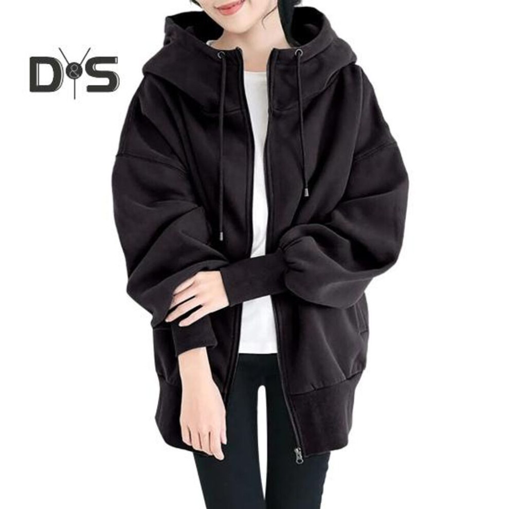 (black, XL) Women Thick Coat for Autumn Winter Warmth Solid Color Mid-Length Fleece Jacket with Pockets Loose Zipper Hooded Coat for Daily Wear