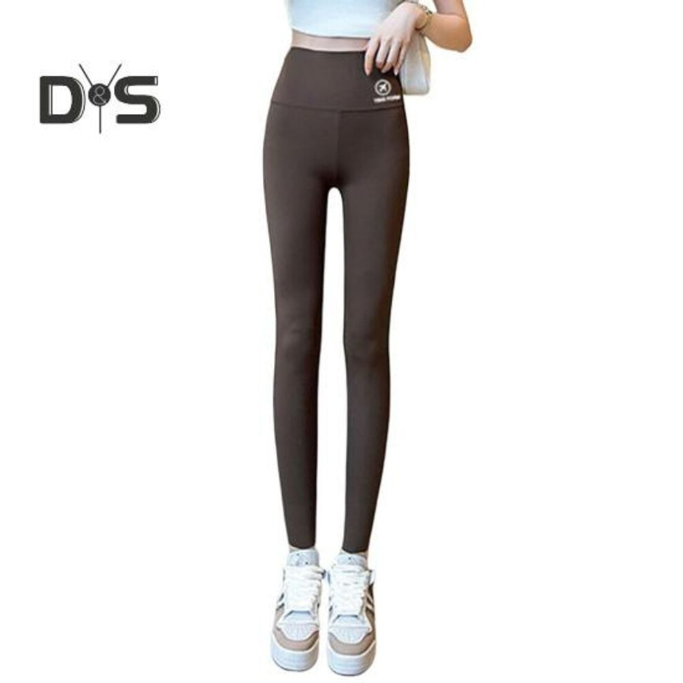 (coffee, M) High Waist Yoga Pants Women Printed Waistband Elastic Tight Fit Leggings Sports Style Shark Yoga Leggings