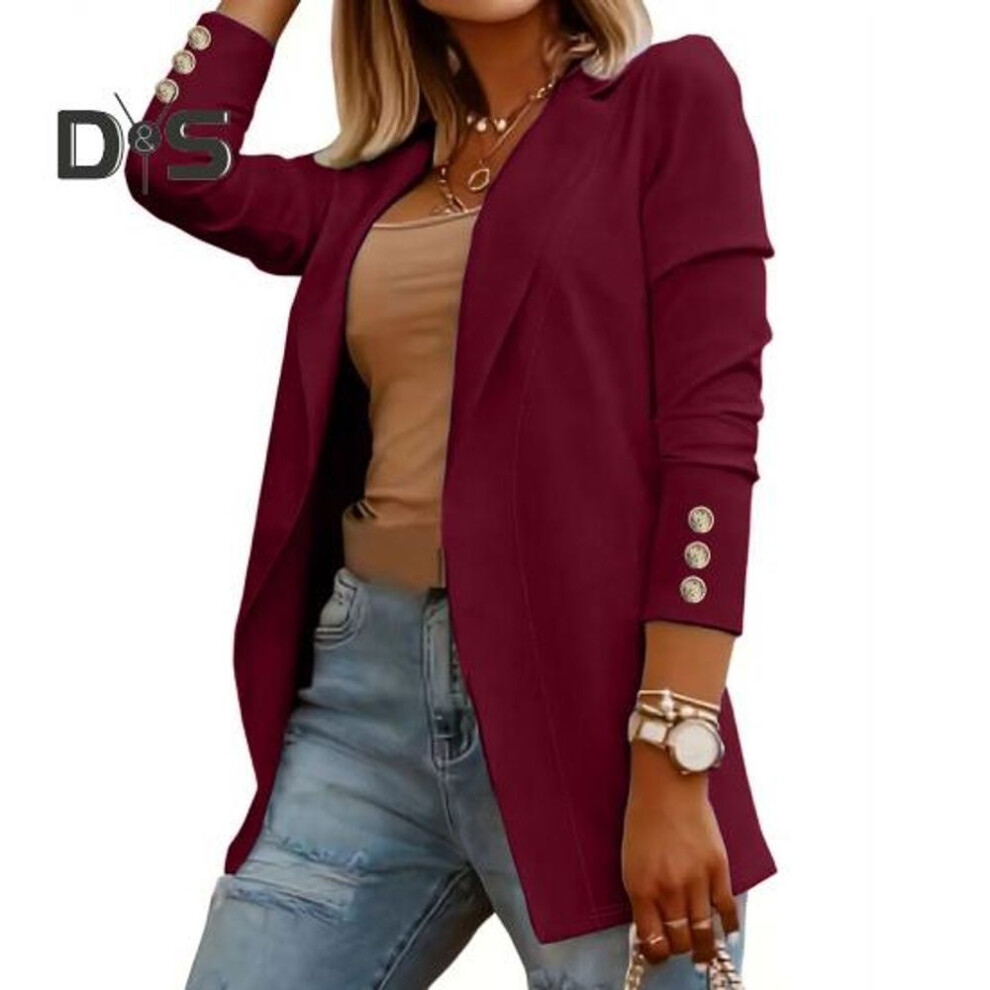 (wine red, M) Women Suit Coat Lapel Long Sleeve Open Front Solid Color Dress Coat Business Work Casual Jacket Office Clothes Outwear