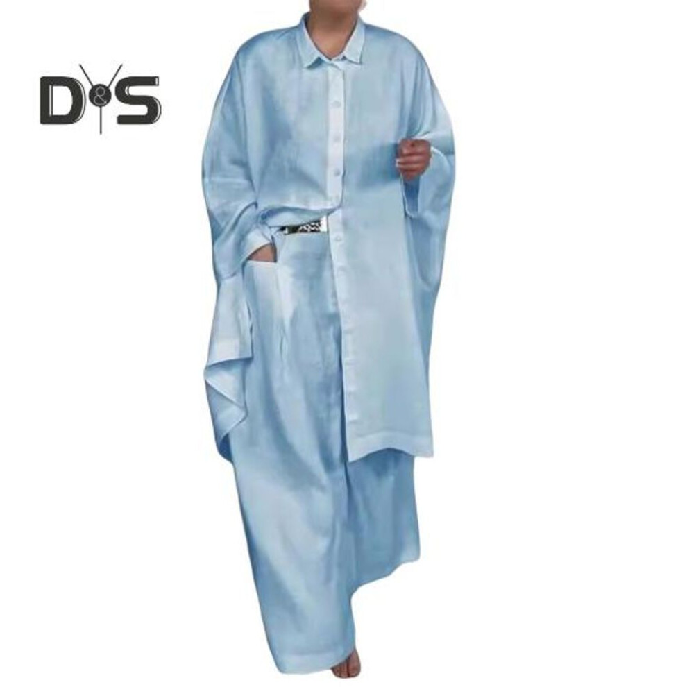 (blue, XXL) 2 Pcs/set Fall Spring Women Shirt Pants Set Long Sleeves Lapel Button-down Blouse With Chest Pocket Elastic Waist Trousers Ol Commuting Sport