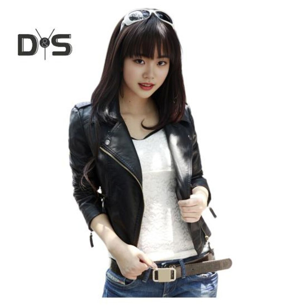 (black, L) Women Spring Fall Coat Faux Leather Turn-down Collar Zipper Pockets Windproof Zip-up Solid Color Plus Size Long Sleeves Motorcycle Jacket