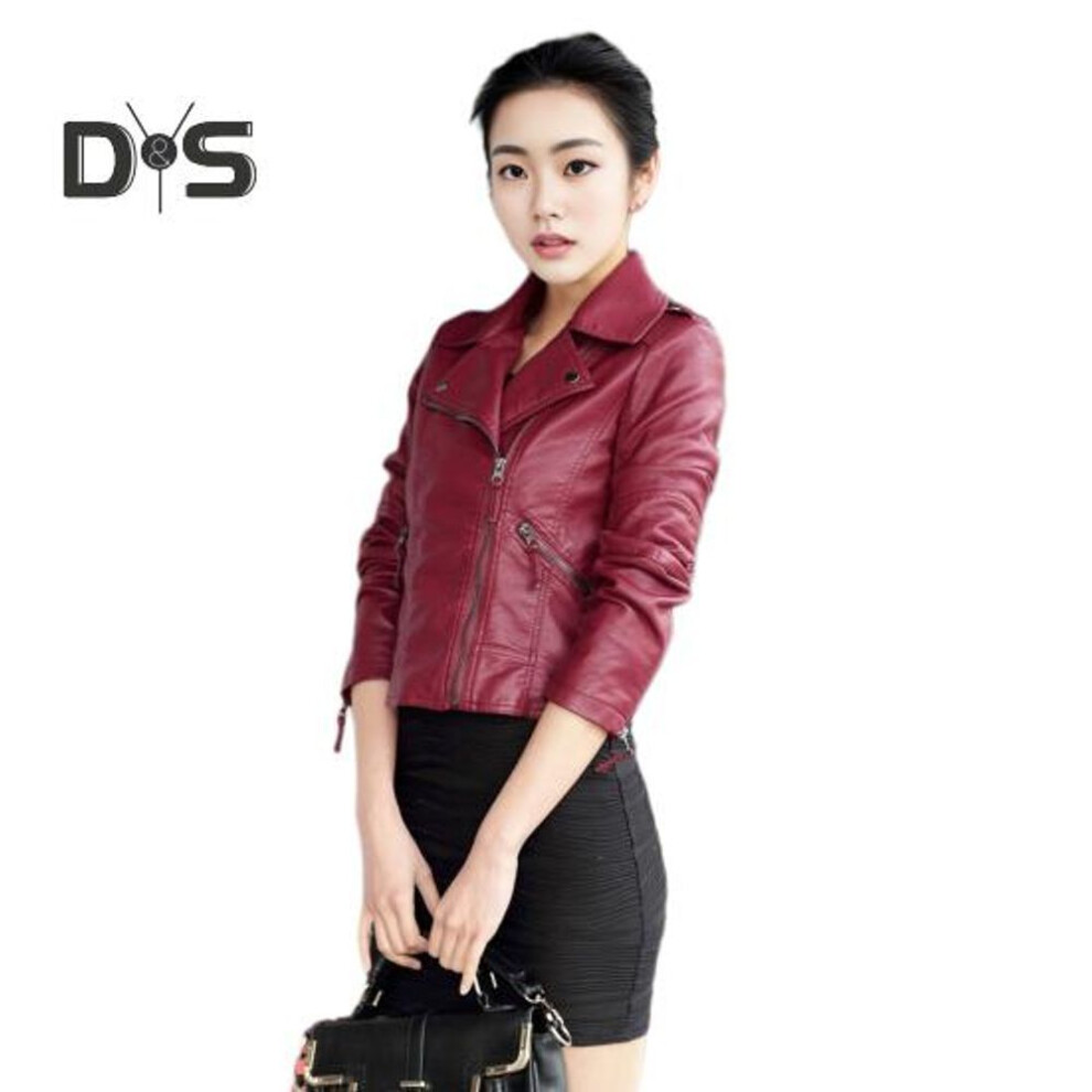 (wine red, L) Women Spring Fall Coat Faux Leather Turn-down Collar Zipper Pockets Windproof Zip-up Solid Color Plus Size Long Sleeves Motorcycle Jacket