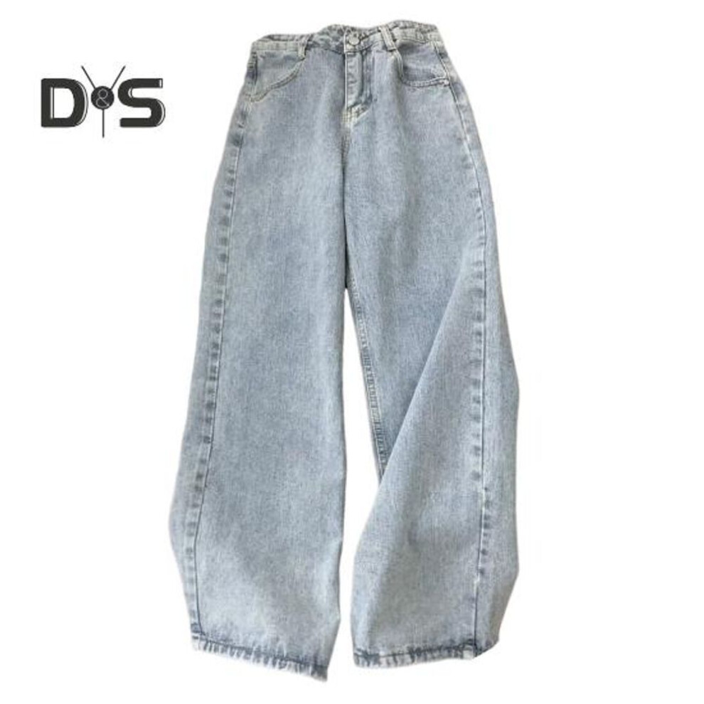 (light blue, M) Women Jeans Straight Wide Leg High Waist Solid Color Loose Pockets Button Zipper Closure Retro Floor Length Streetwear Long Trousers