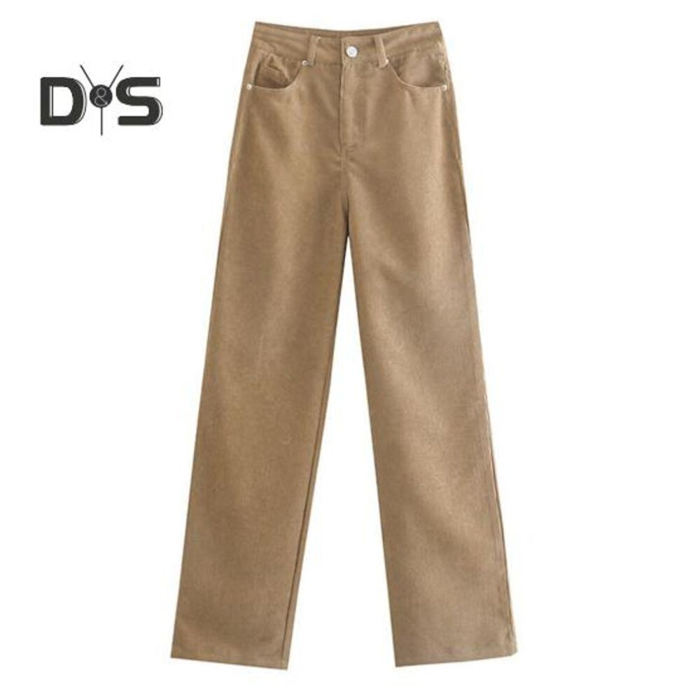 (khaki, XXL) Women Jeans Straight Wide Leg High Waist Solid Color Loose Pockets Button Zipper Closure Retro Floor Length Streetwear Long Trousers