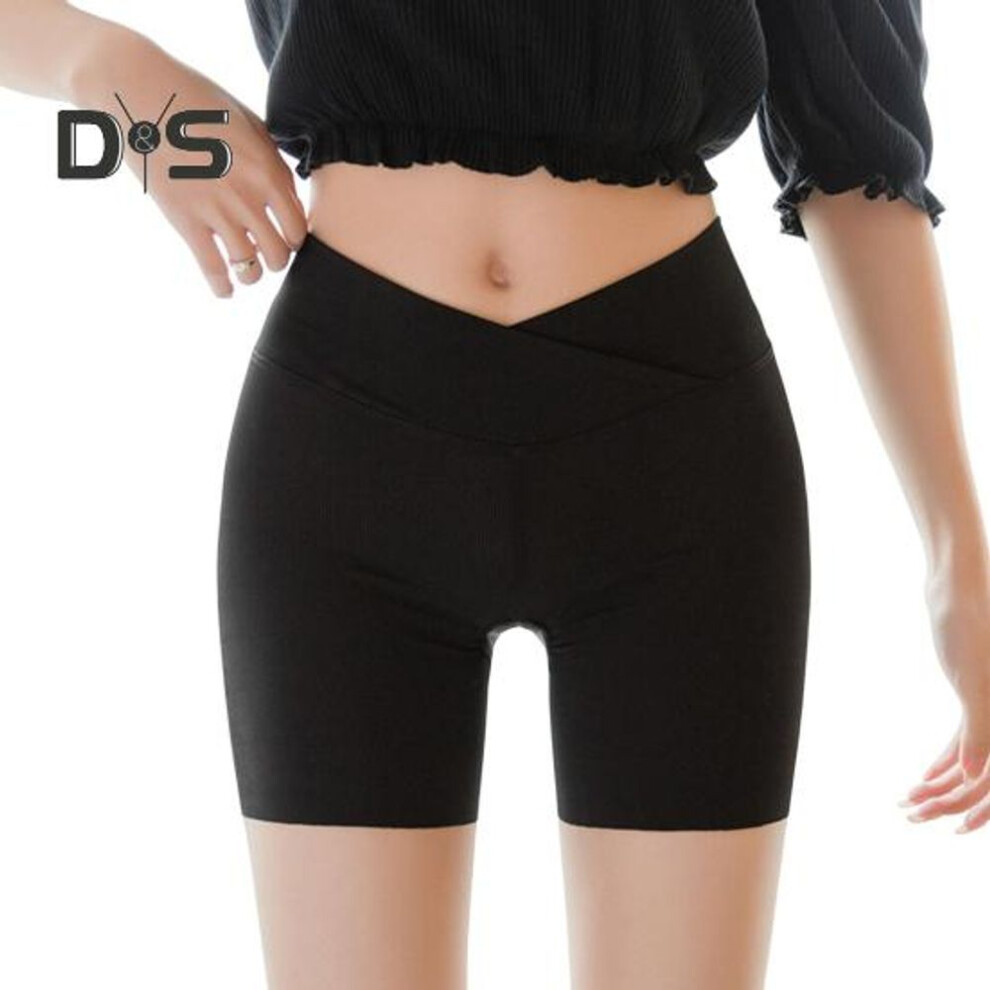 (black, XL) Women Safety Shorts Cross Waistband High Waist Ice Silk Seamless Yoga Leggings Solid Color Ultra-thin Bottoming Shorts