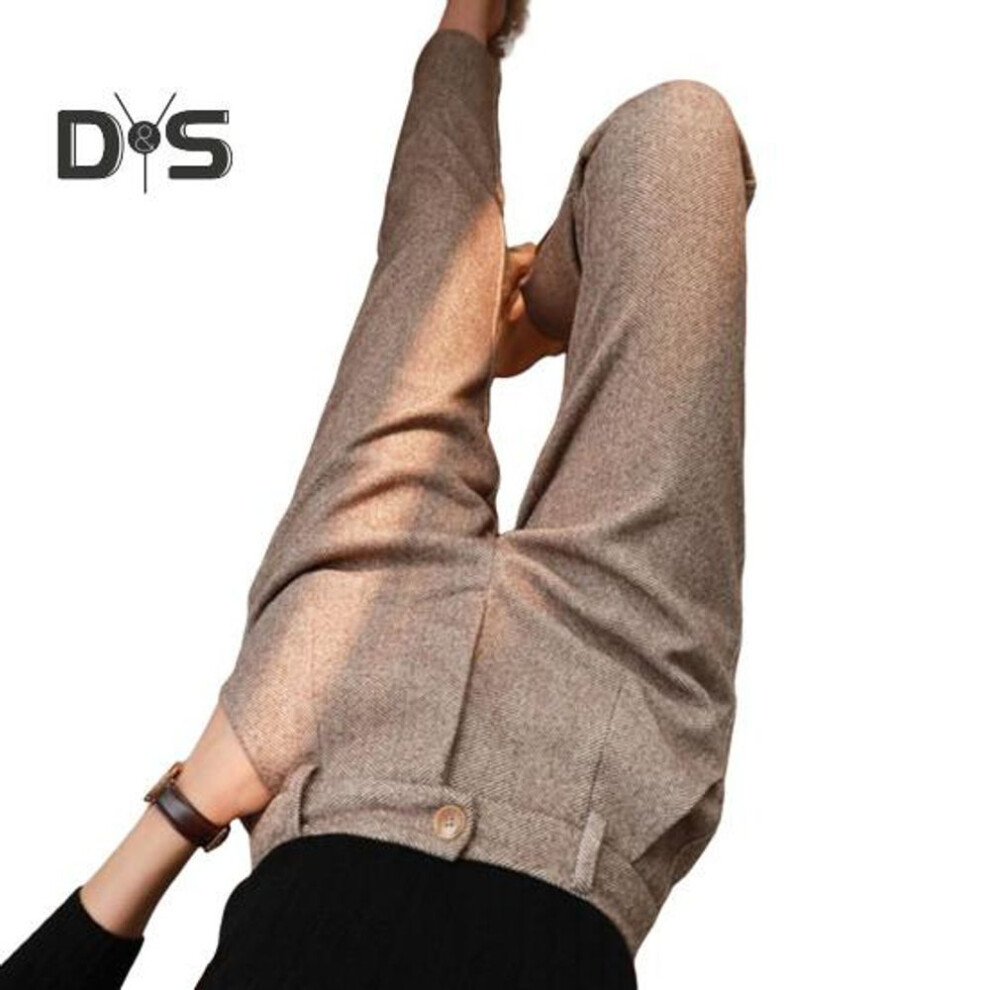 (khaki, XL) Autumn Winter Women Pants High Waist Button Zipper Fly Herringbone Woolen Fabric Suit Trousers Solid Color Long Pants With Pockets