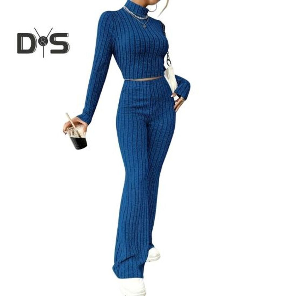 (blue, M) 2 Pcs/Set Fall Winter Women Top Pants Set Half-high Collar Long Sleeves Slim Fit Sweatshirt High Waist Solid Color Striped Trousers Set Sport Casual