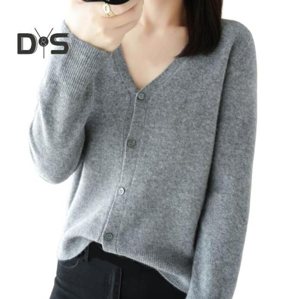(S, grey) Women Knitting Sweater V-Neck Long Sleeve Button Down Sweater Cardigan Solid Color Loose Fit Crochet Texture Coat