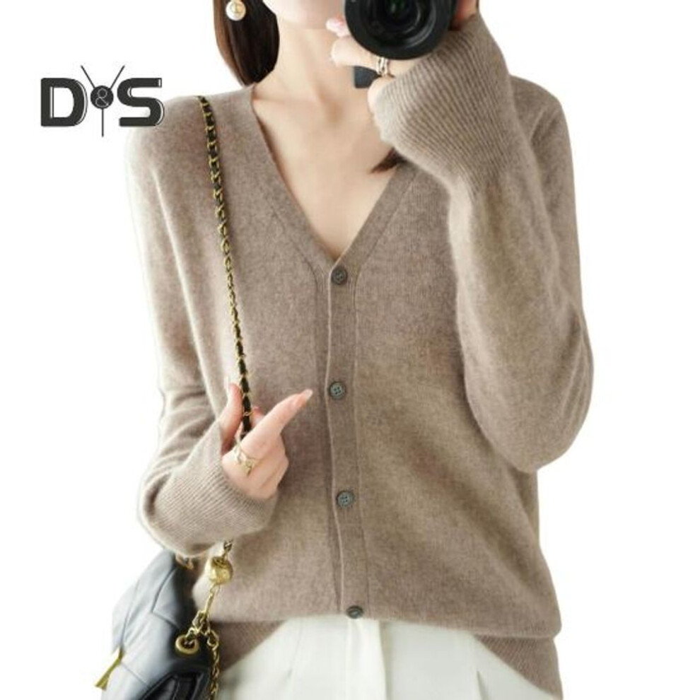 (M, camel) Women Knitting Sweater V-Neck Long Sleeve Button Down Sweater Cardigan Solid Color Loose Fit Crochet Texture Coat
