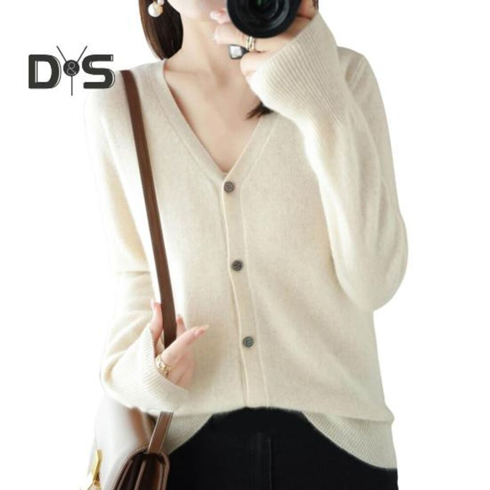 (S, white) Women Knitting Sweater V-Neck Long Sleeve Button Down Sweater Cardigan Solid Color Loose Fit Crochet Texture Coat