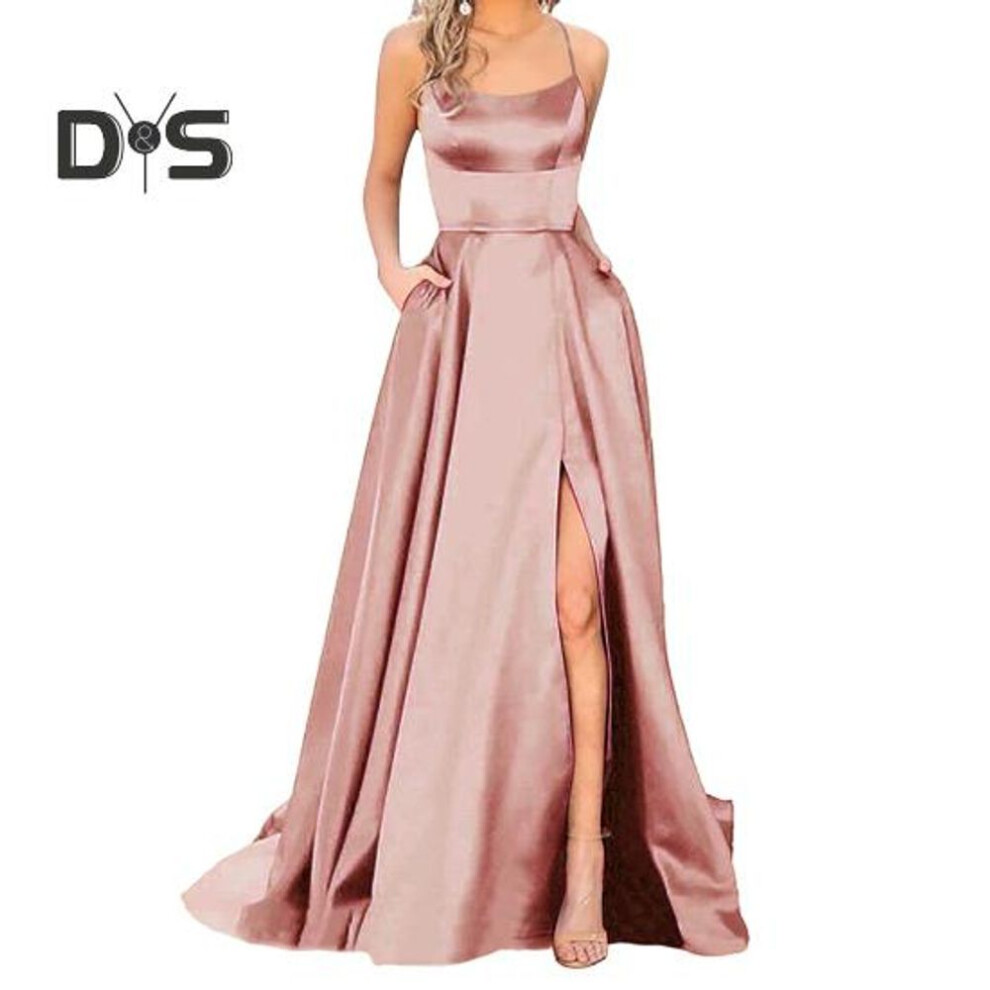 (rose gold, XL) Evening Dress Spaghetti Strap High Slit Off Shoulder Backless Sleeveless Side Pockets A-line Floor Length Satin Pure Color Prom Banquet Party Maxi