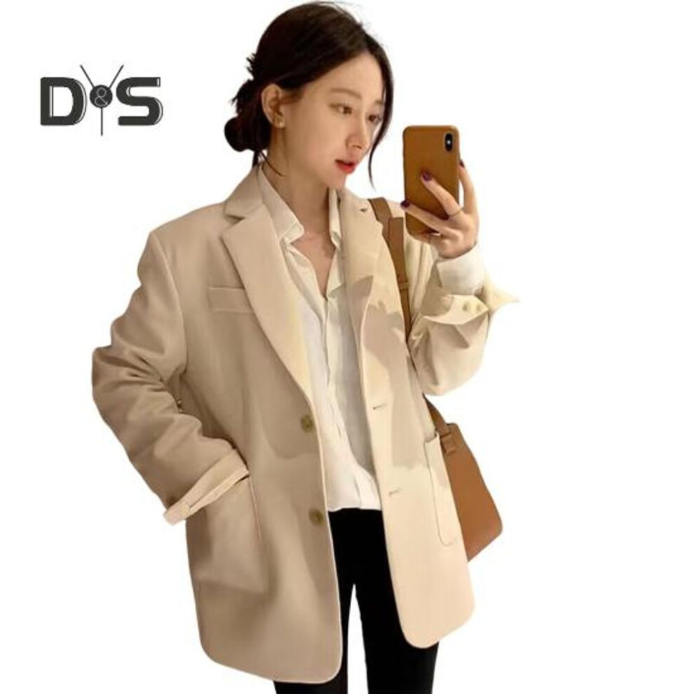 (beige, XXL) Women Suit Coat Lapel Long Sleeve Single Breasted Suit Jacket with Pockets Solid Color Loose Fit Leisure Outwear