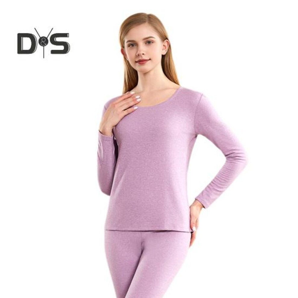 (purple, XXL) 2 Pcs/Set Winter Thermal Underwear Set Round Neck Long Sleeve Warm Thick Pure Color Slim Fit Elastic Women Pajamas Set Sports Tracksuit Top Pants Set