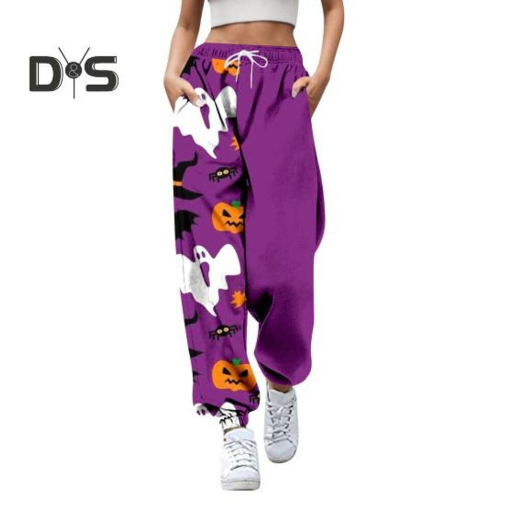 (purple, XL) Women Sweatpants Elastic High Waist Adjustable Drawstring Joggers Pants Halloween Pumpkin Print Fitness Pants