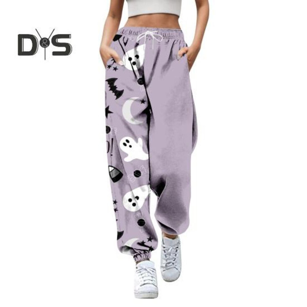 (light purple, XXL) Women Sweatpants Elastic High Waist Adjustable Drawstring Joggers Pants Halloween Pumpkin Print Fitness Pants
