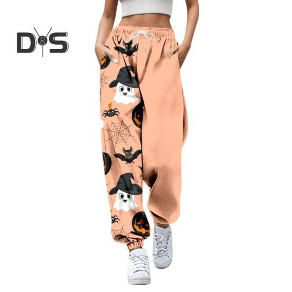 (pink, XL) Women Sweatpants Elastic High Waist Adjustable Drawstring Joggers Pants Halloween Pumpkin Print Fitness Pants