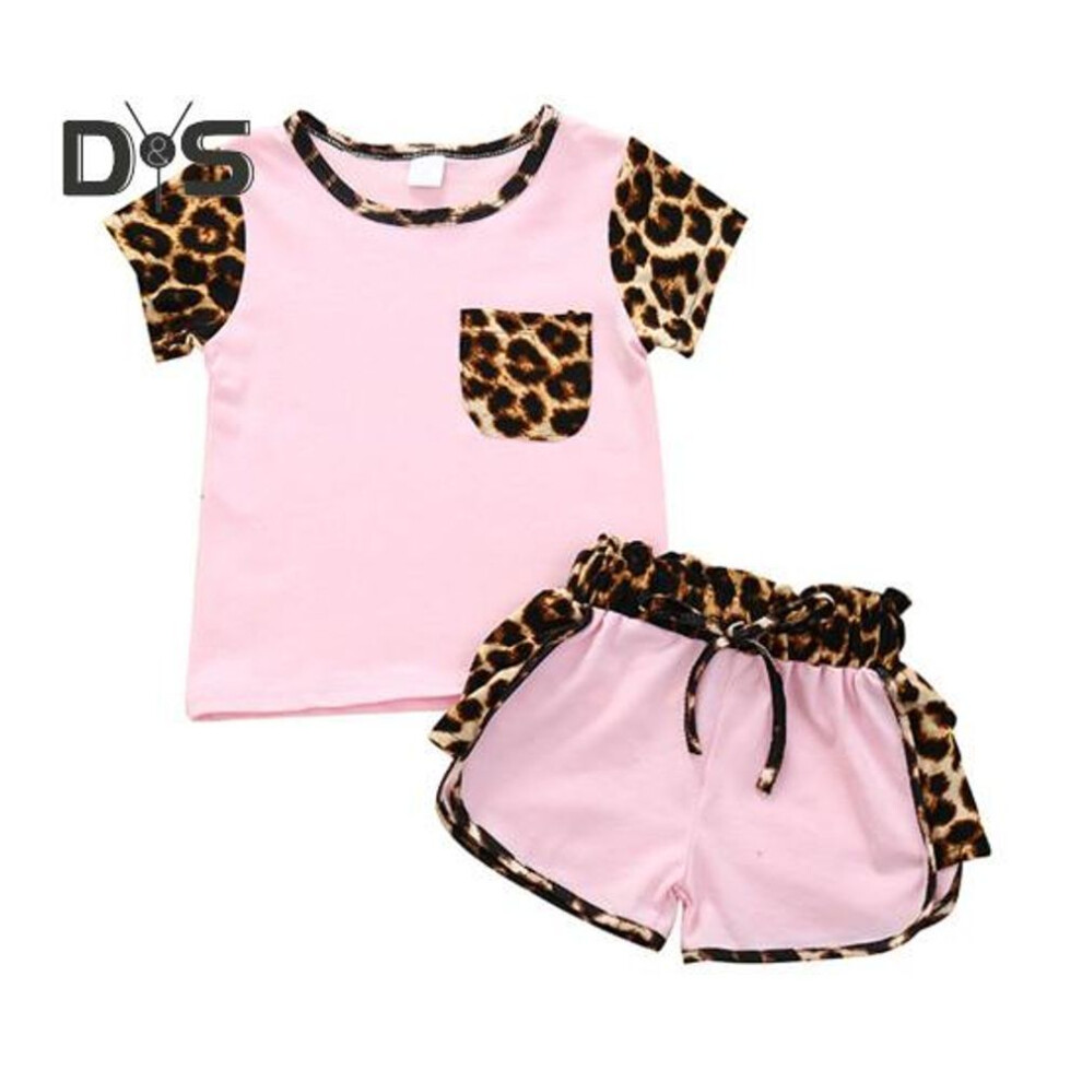 (pink, 90 cm) 2pcs Leopard Print Outfit For Baby Girl Summer Short Sleeve Pocket Round Neck Top Shorts Cute Sisters Matching Suit For Daily Wear Photography Parties