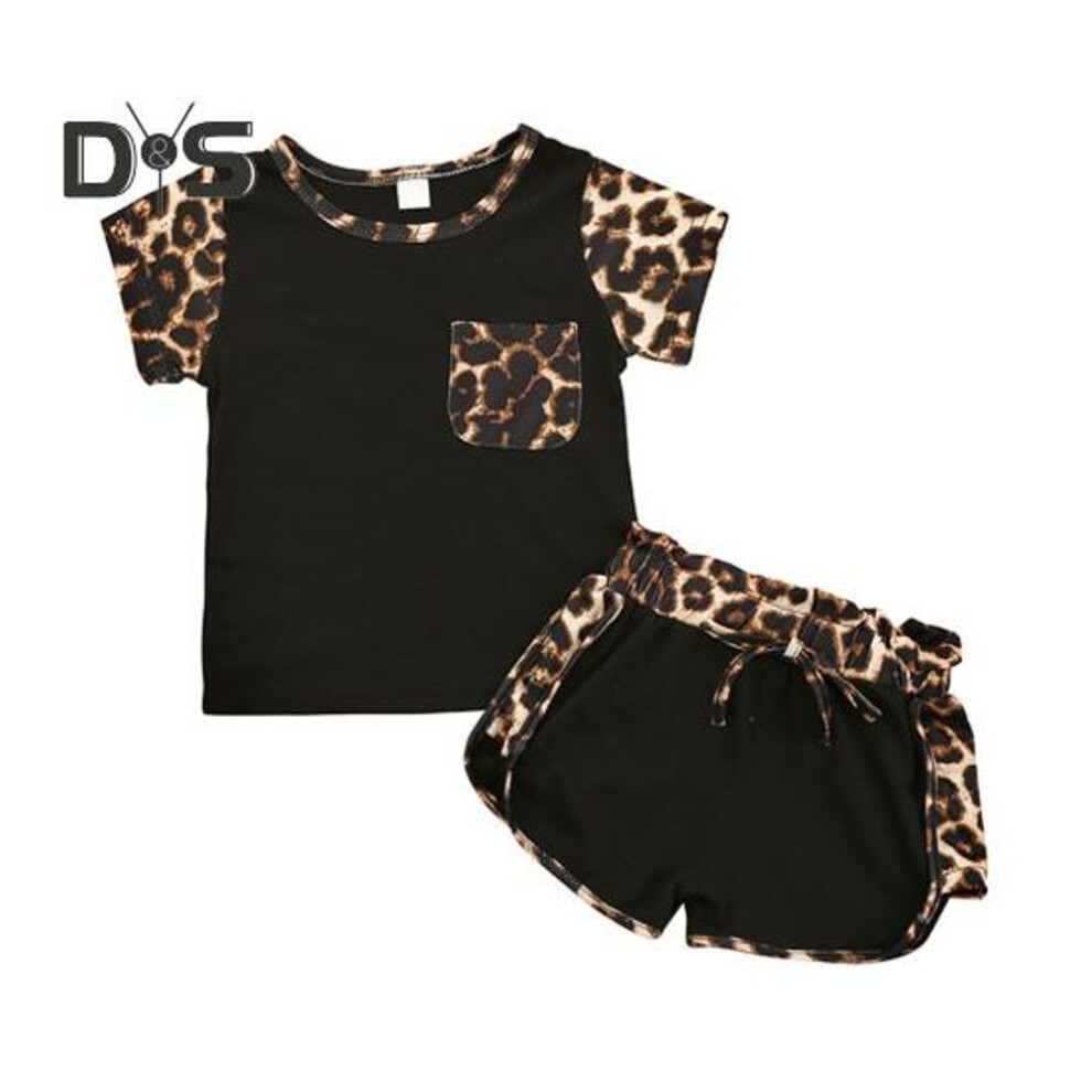 (black, 90 cm) 2pcs Leopard Print Outfit For Baby Girl Summer Short Sleeve Pocket Round Neck Top Shorts Cute Sisters Matching Suit For Daily Wear Photography Parties