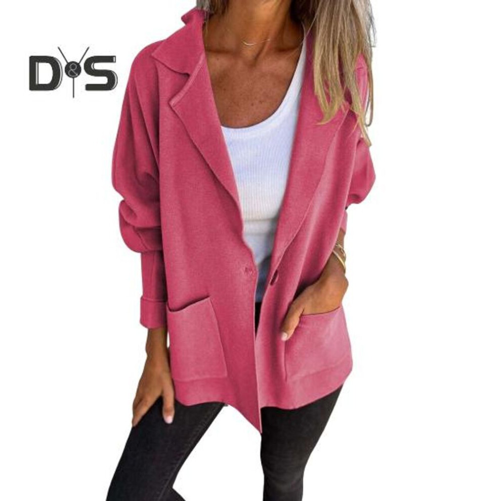 (pink, XXXL) Women Autumn Winter Jacket Lapel Collar Loose Casual Coat with Pocket Single-breasted Solid Color Long Sleeves Top