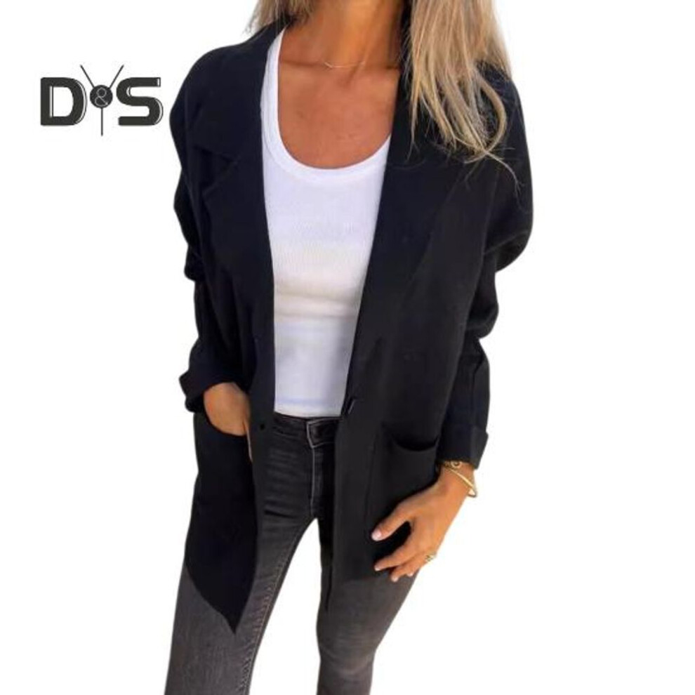 (black, XL) Women Autumn Winter Jacket Lapel Collar Loose Casual Coat with Pocket Single-breasted Solid Color Long Sleeves Top