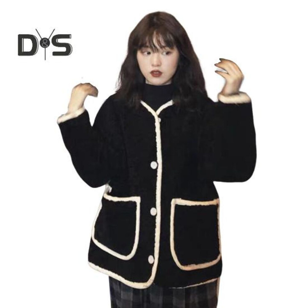 (black, XL) Women Autumn Winter Coat Single-breasted Solid Color Loose Patch Pockets Thermal Thick Long Sleeves Cardigan Daily Wear Jacket