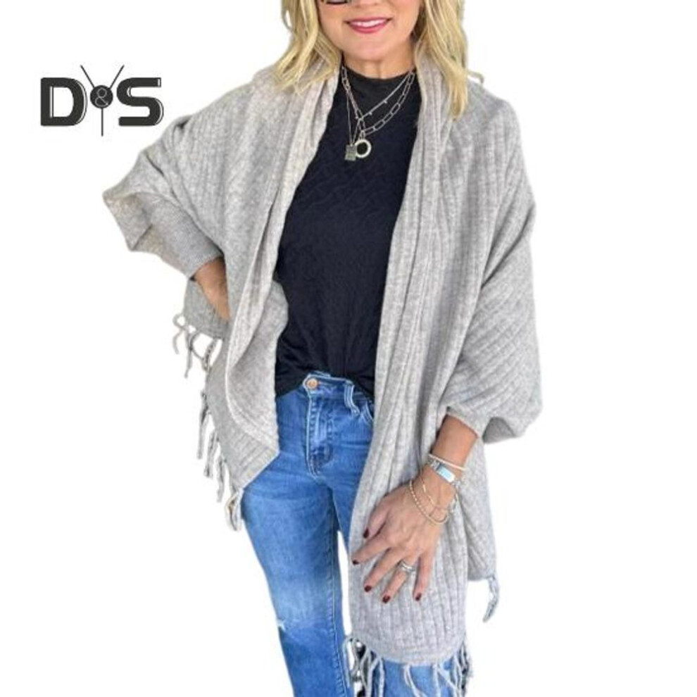 (light grey) Women Shawl Cardigan With Batwing Long Sleeve Tassel Hem Solid Color Loose Fit Top Open Front Autumn Winter Knit Shawl