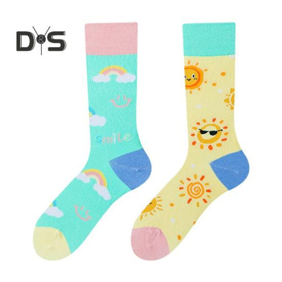 (as the picture, One Size sun) 1 Pair Winter Cartoon Socks Asymmetric Animal Printing Piled Socks Mid-tube Calf Socks Sport Homewear Socks Stretchy Footwear For For Walking Jogging