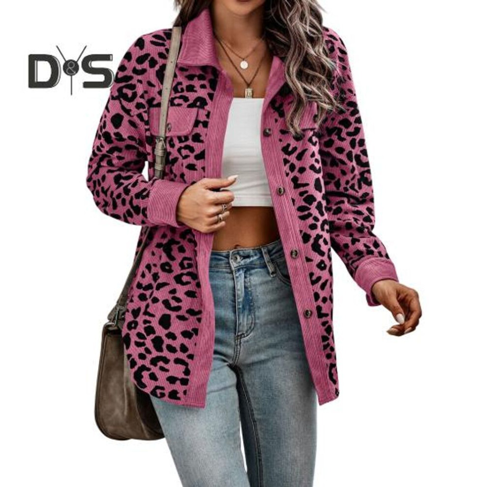 (rose red, 3XL) Women Spring Fall Coat Fake Chest Pocket Turn-down Collar Single-breasted Leopard Print Long Sleeves Mid Length Daily Wear Jacket