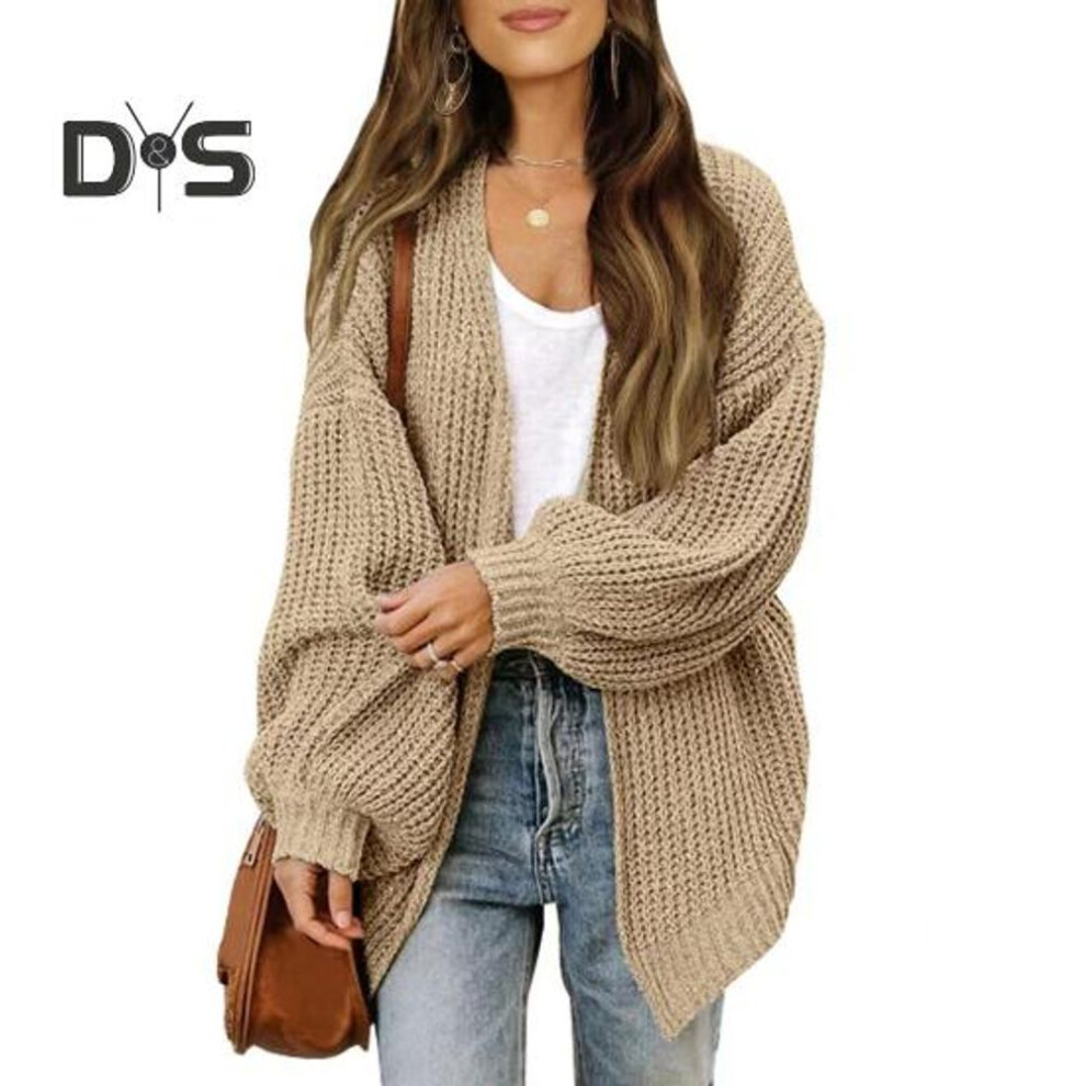 (khaki) Autumn Winter Women Solid Color Cardigan Sweater Lantern Long Sleeve Open Front Knitting Coat Mid length Knitwear Outwear