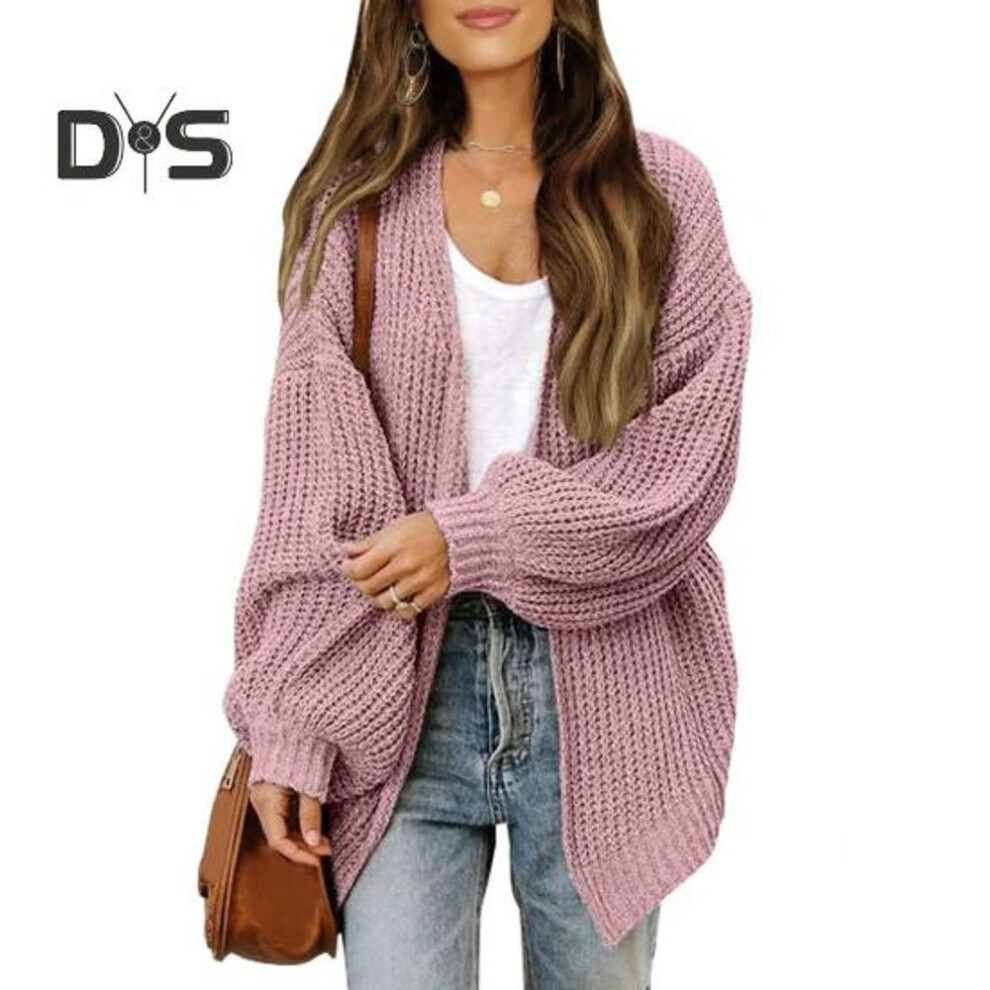 (pink) Autumn Winter Women Solid Color Cardigan Sweater Lantern Long Sleeve Open Front Knitting Coat Mid length Knitwear Outwear