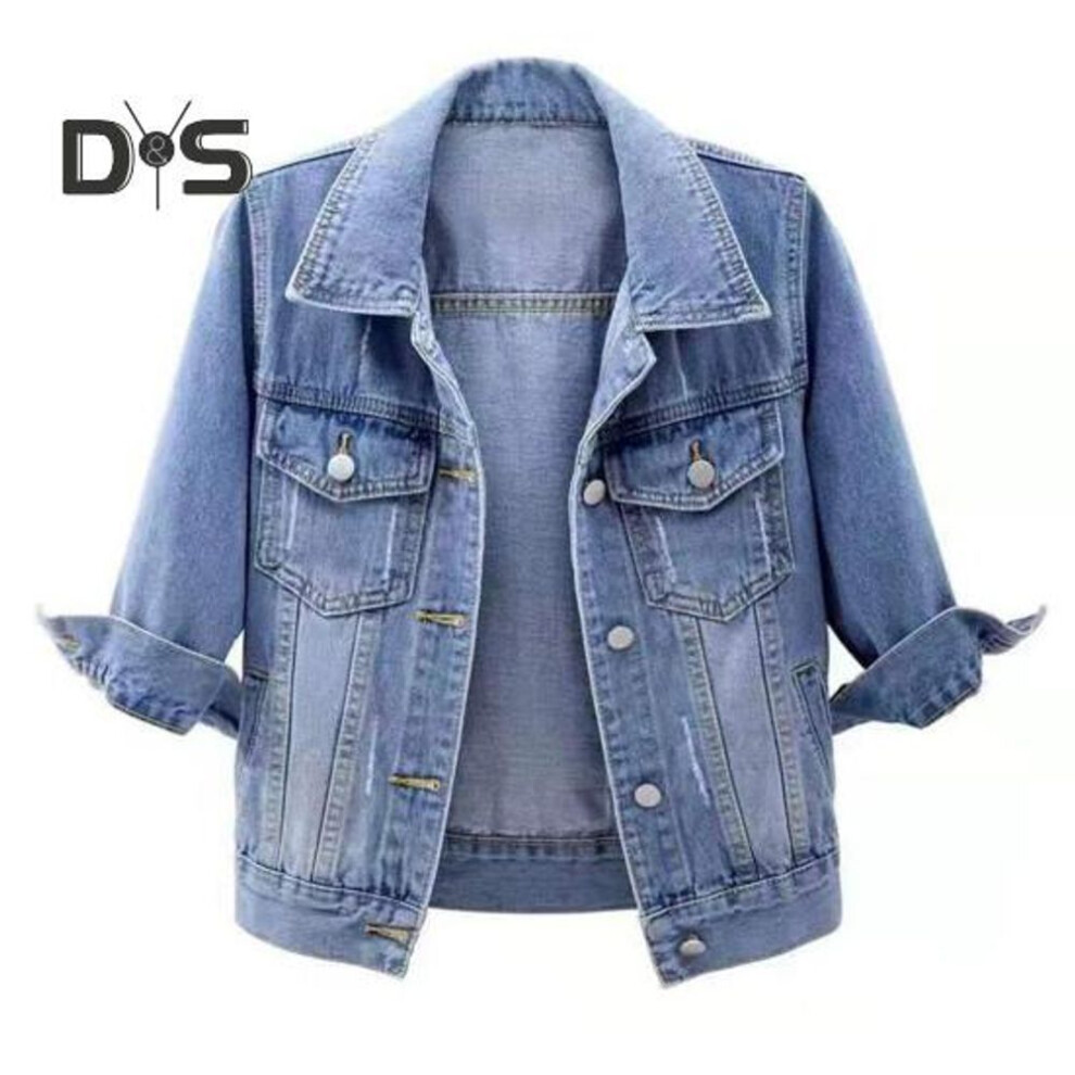 (light blue, 4XL) Spring Autumn Women Denim Jacket Lapel 3/4 Sleeve Flap Pockets Single Breasted Casual Short Coat Lady Outerwear