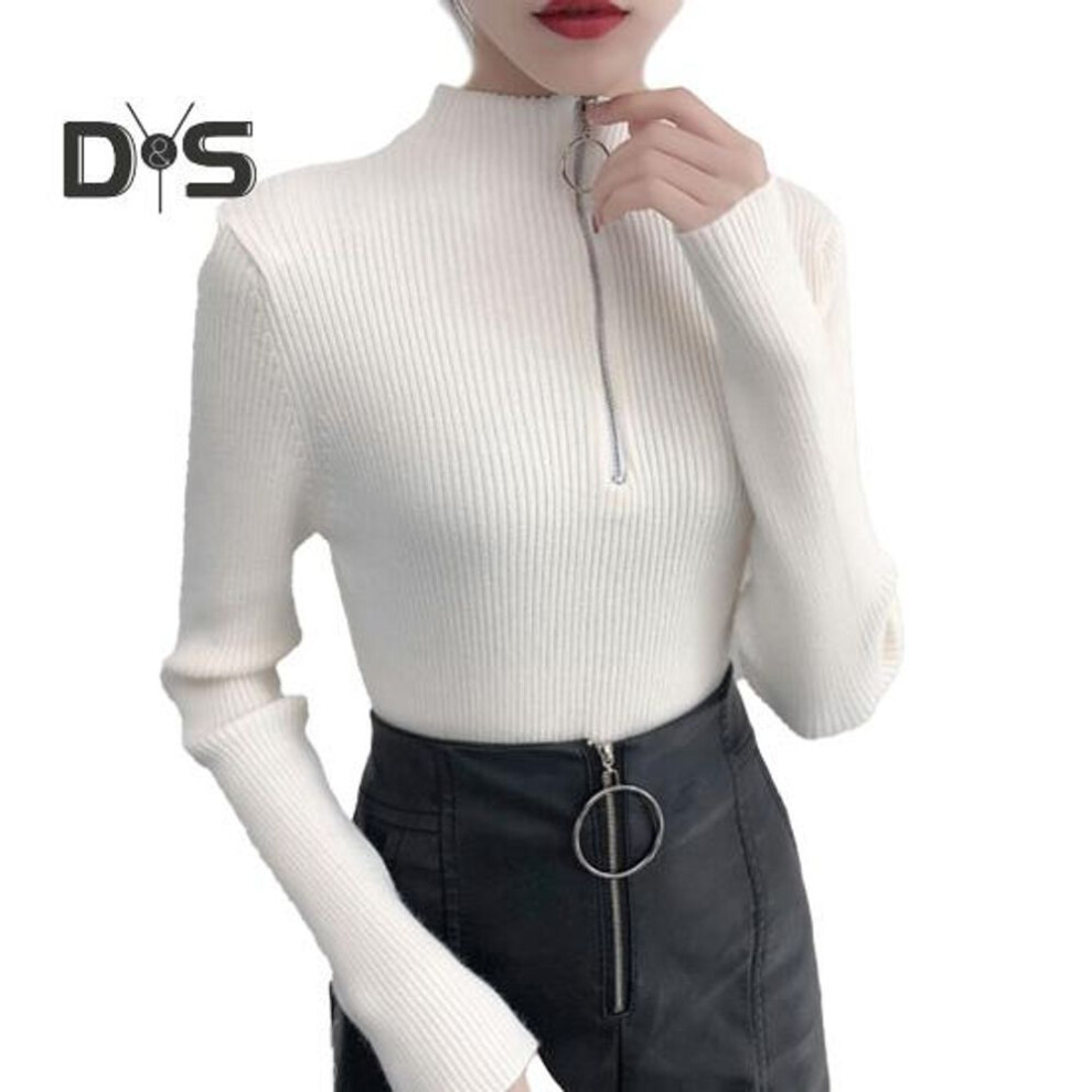 (white) Autumn Winter Women Solid Sweater Half Turtleneck Long Sleeve Zipper Neckline Knitted Pullover Sweater Female Comfortable Warm Slim Knitted Clothes