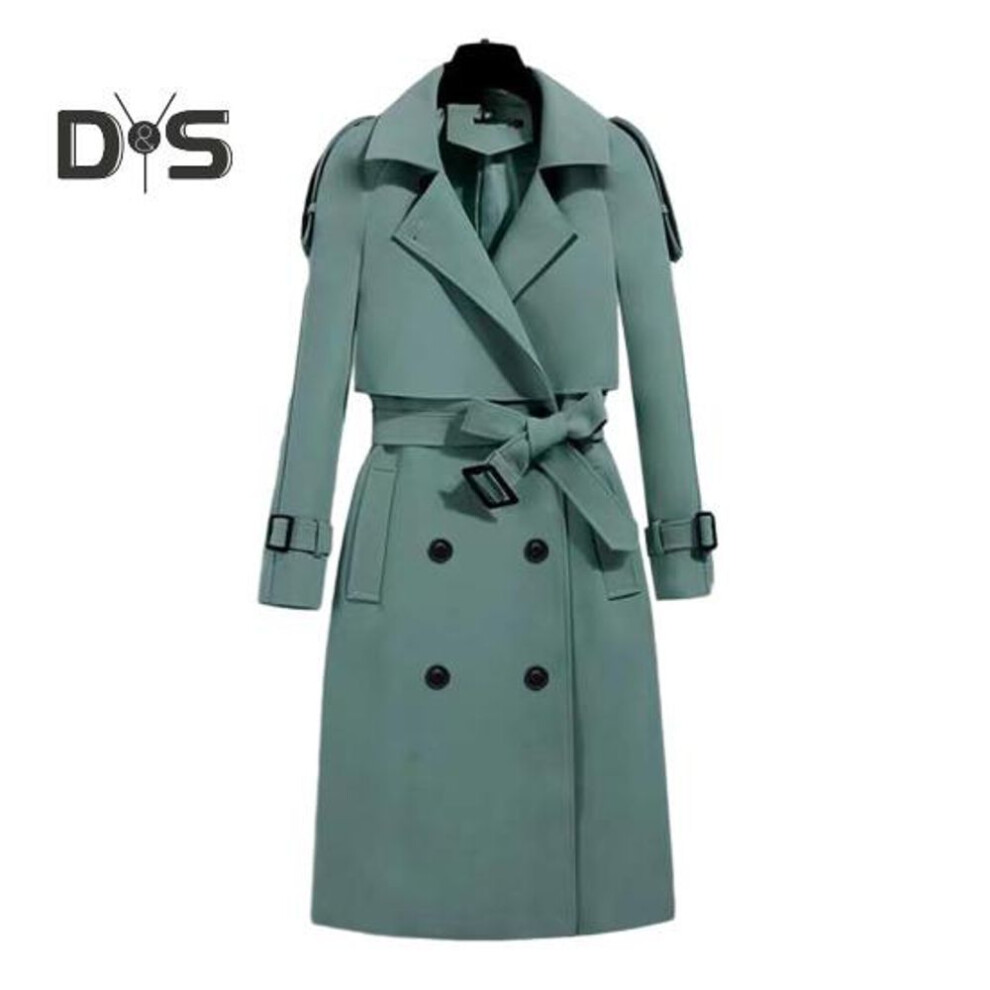 (green, L) Women Coat Autumn Winter Belted Turn Down Collar Elegant Solid Color Dual Pocket Long Sleeves Thick Warm Mid Long Office Ladies Female Jacket Outwear