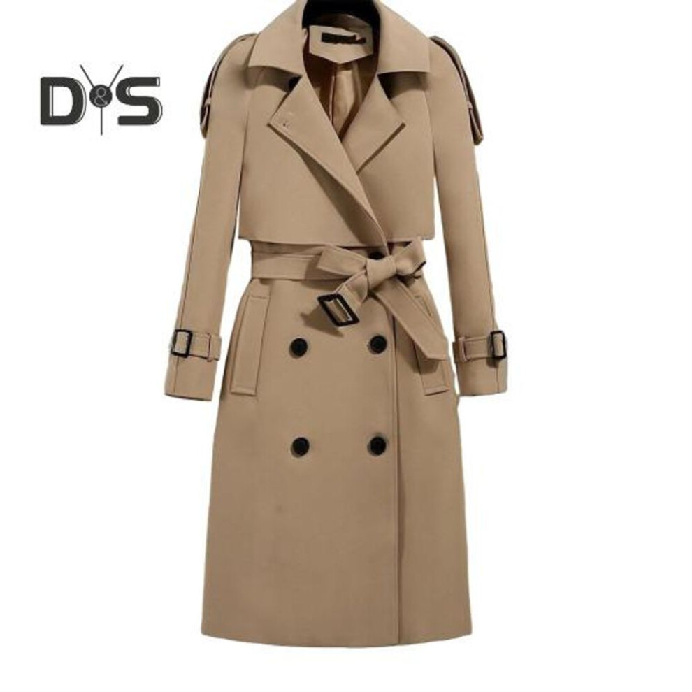 (khaki, XL) Women Coat Autumn Winter Belted Turn Down Collar Elegant Solid Color Dual Pocket Long Sleeves Thick Warm Mid Long Office Ladies Female Jacket Outwear