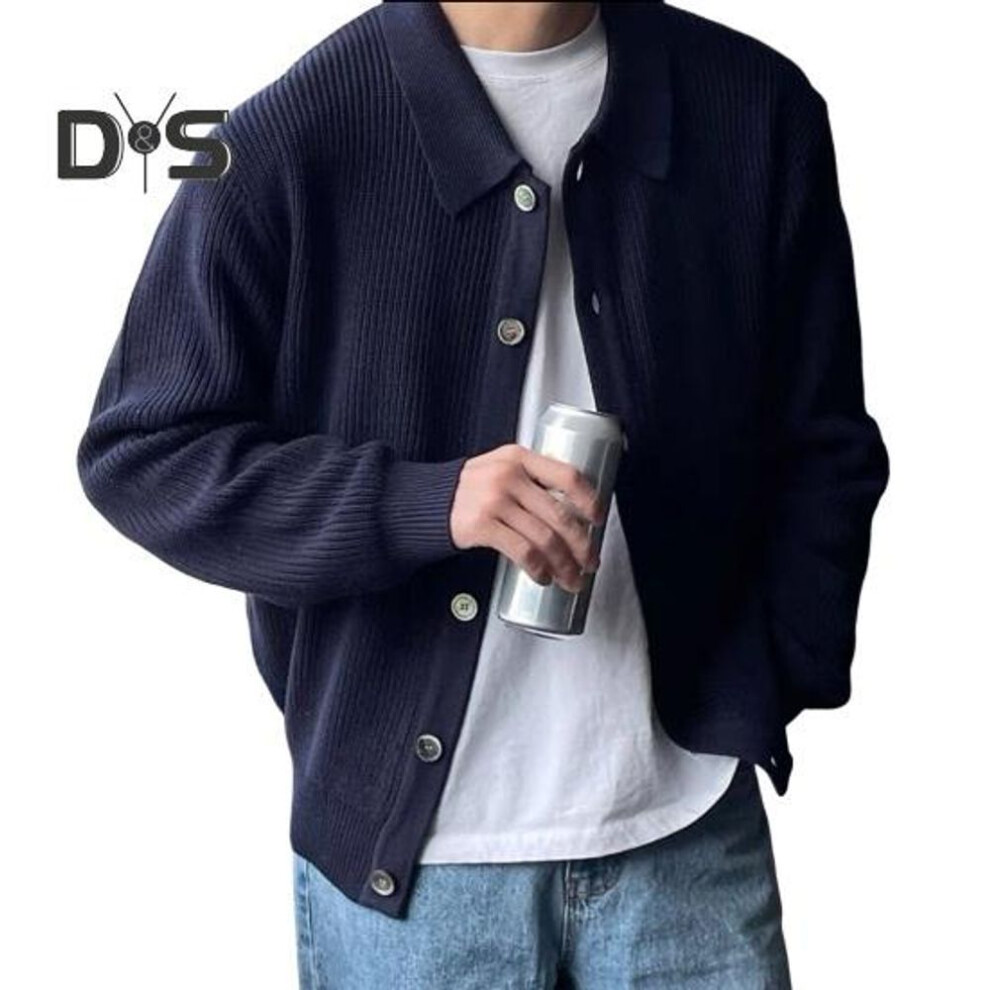 (navy blue, XL) Men Fall Winter Sweater Turn-down Collar Single-breasted Buttons Loose Cardigan Sweater Coat Long Sleeves Knitted Jacket Work School Dating Outerwear