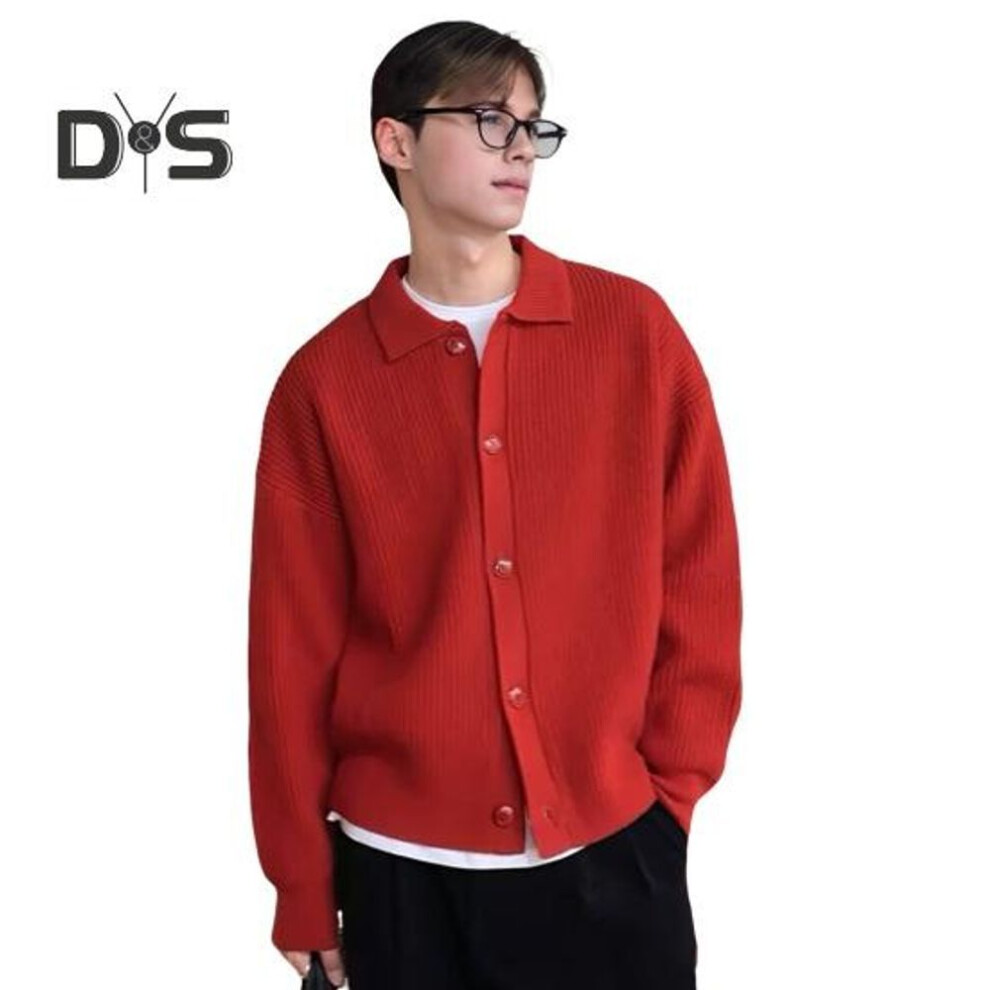 (red, L) Men Fall Winter Sweater Turn-down Collar Single-breasted Buttons Loose Cardigan Sweater Coat Long Sleeves Knitted Jacket Work School Dating Outerwear