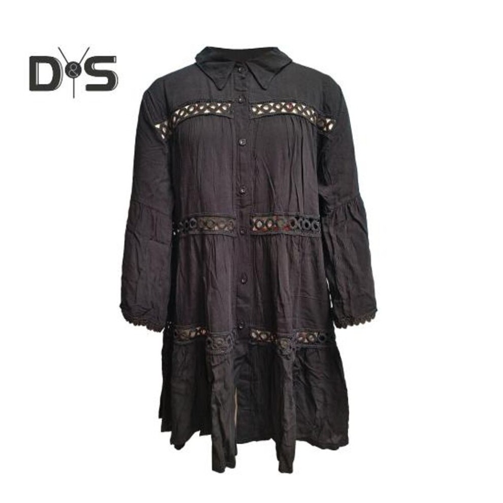 (black) Beach Bikini Cover Up Shirt Lapel Flared Long Sleeve Single Breasted Swimsuit Coat Hollow Out Women Mid-length Shirt