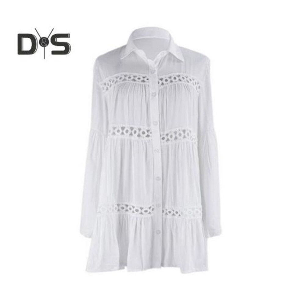 (white) Beach Bikini Cover Up Shirt Lapel Flared Long Sleeve Single Breasted Swimsuit Coat Hollow Out Women Mid-length Shirt