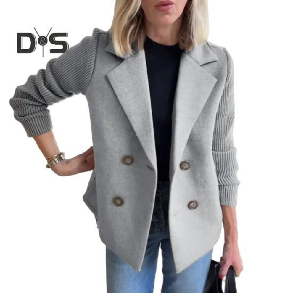 (grey, XXL) Women Coat Knitted Sleeves Patchwork Double-breasted Turn-down Collar Loose Suit Jacket Formal Business Style Sweater Coat