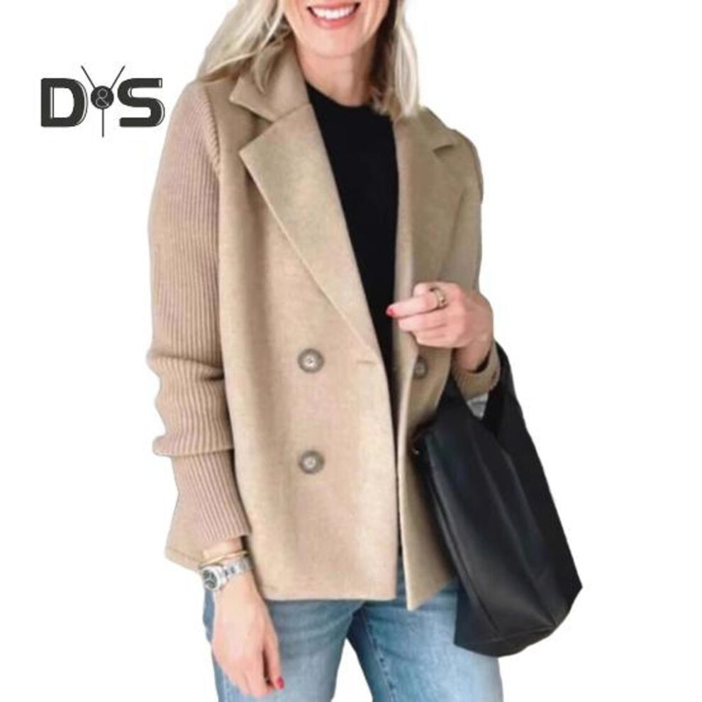 (khaki, S) Women Coat Knitted Sleeves Patchwork Double-breasted Turn-down Collar Loose Suit Jacket Formal Business Style Sweater Coat