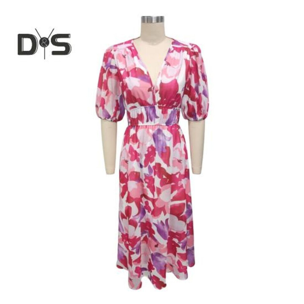 (red, L) Women's Summer V Neck Maxi Dress Casual Boho Floral Long Dresses Short Puff Sleeve Flowy Beach Wedding Guest Dresses