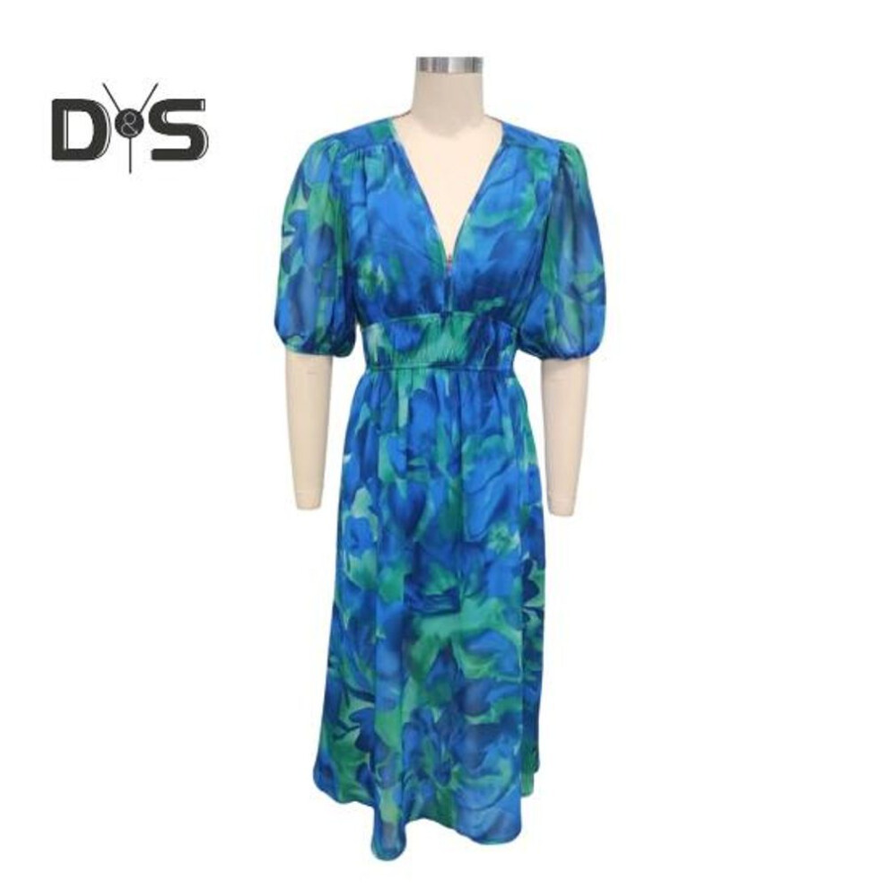 (blue, XL) Women's Summer V Neck Maxi Dress Casual Boho Floral Long Dresses Short Puff Sleeve Flowy Beach Wedding Guest Dresses