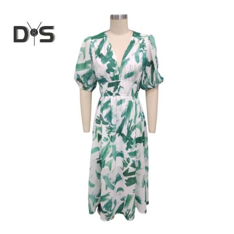 (light green, L) Women's Summer V Neck Maxi Dress Casual Boho Floral Long Dresses Short Puff Sleeve Flowy Beach Wedding Guest Dresses